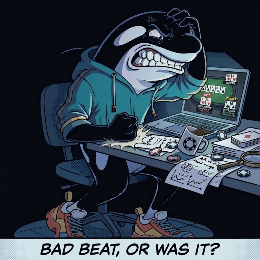 Cartoon orca mascot slamming a fist on the desk in frustration after a bad beat, laptop showing the losing hand, caption reading Bad Beat, or was it?