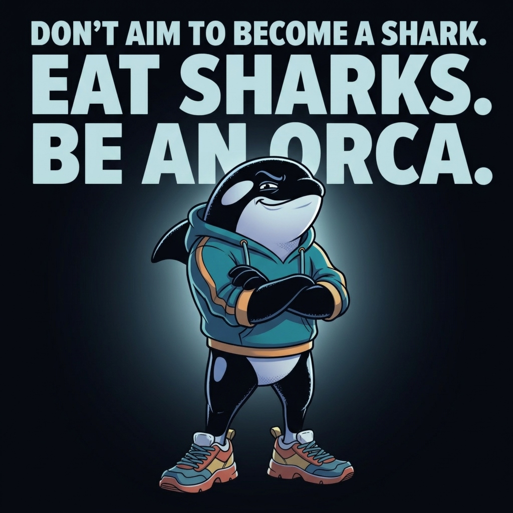 Cartoon orca mascot standing confidently with arms crossed in a teal hoodie, headline text reading Don't aim to become a shark, eat sharks, be an Orca