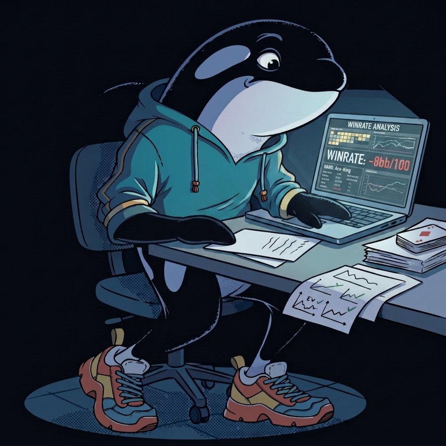 Cartoon orca mascot at a desk, reviewing a laptop screen showing a losing winrate of minus 8bb per 100 hands, with handwritten notes and hand history printouts on the desk